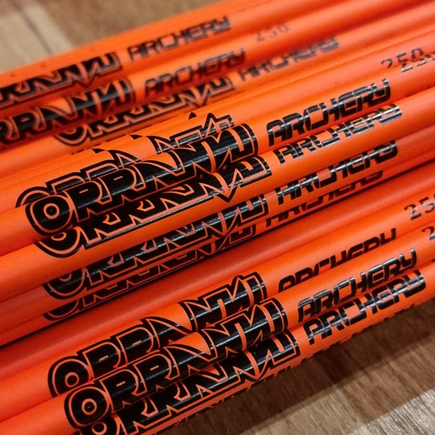 Orranni Slayer Orange 30T .204 carbon arrow shafts with black printed branding