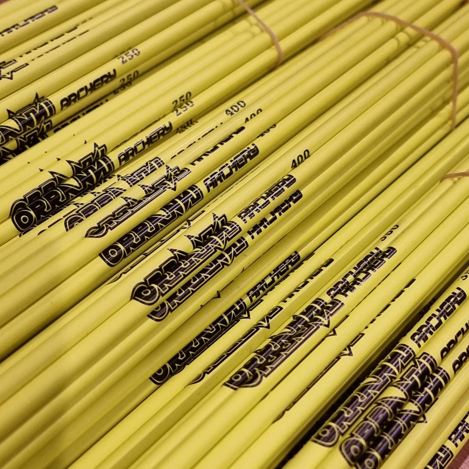 Orranni Slayer Yellow 30T .204 carbon arrow shafts with black printed branding